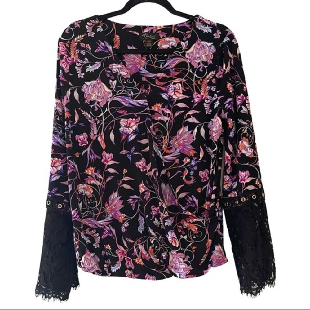Moody Floral Boho Bell Sleeve Faux Wrap Lace Floral Top
